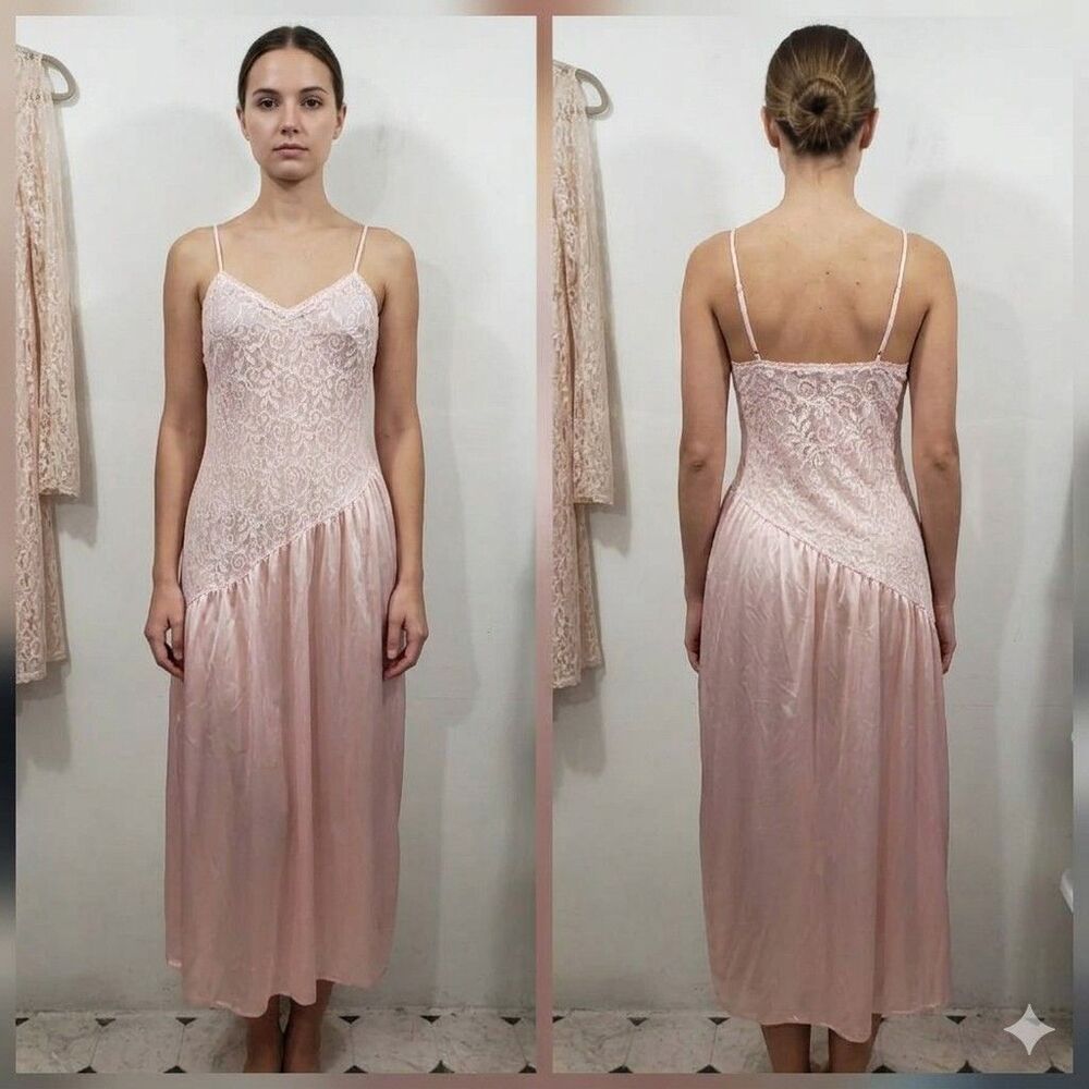 Vintage 80s Undercover Wear Pink Lace Asymmetrical Nightgown Slip Dress Size S